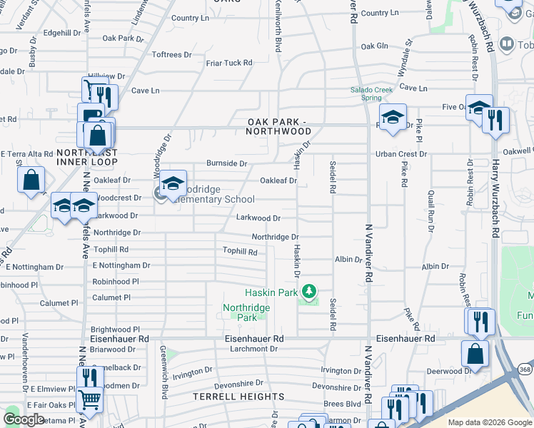 map of restaurants, bars, coffee shops, grocery stores, and more near 535 Larkwood Drive in San Antonio