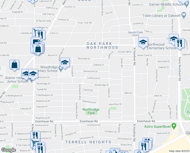map of restaurants, bars, coffee shops, grocery stores, and more near 527 Larkwood Drive in San Antonio