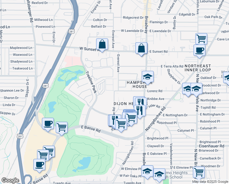 map of restaurants, bars, coffee shops, grocery stores, and more near 100 Lorenz Road in San Antonio