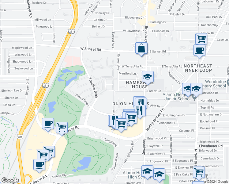map of restaurants, bars, coffee shops, grocery stores, and more near 100 Lorenz Road in San Antonio