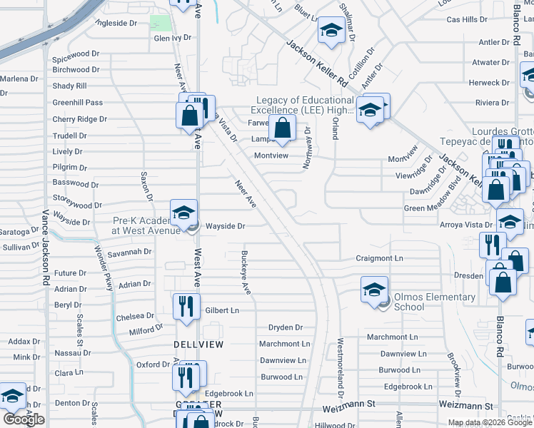 map of restaurants, bars, coffee shops, grocery stores, and more near 5202 Neer Avenue in San Antonio