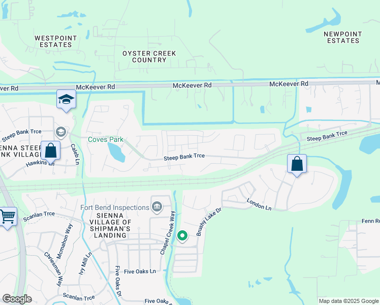 map of restaurants, bars, coffee shops, grocery stores, and more near 3919 Southern Bend in Missouri City