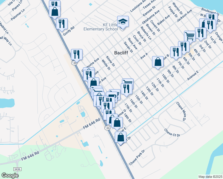 map of restaurants, bars, coffee shops, grocery stores, and more near 4430 17th Street in Bacliff