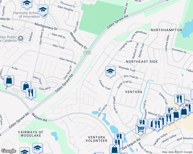 map of restaurants, bars, coffee shops, grocery stores, and more near 7900 Flower Trail in San Antonio
