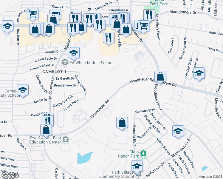 map of restaurants, bars, coffee shops, grocery stores, and more near 5437 Eisenhauer Road in San Antonio