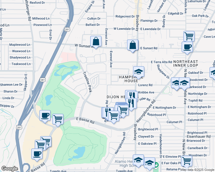 map of restaurants, bars, coffee shops, grocery stores, and more near 100 Lorenz Road in San Antonio