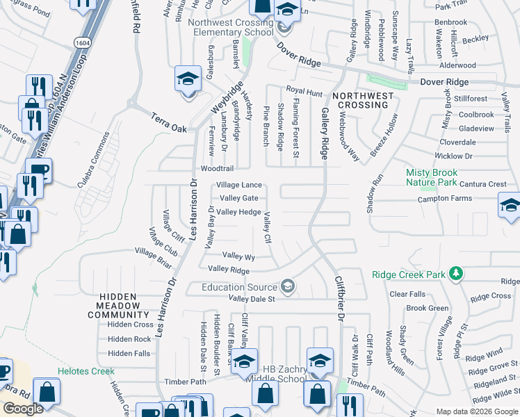 map of restaurants, bars, coffee shops, grocery stores, and more near 6190 Valley Cliff in San Antonio