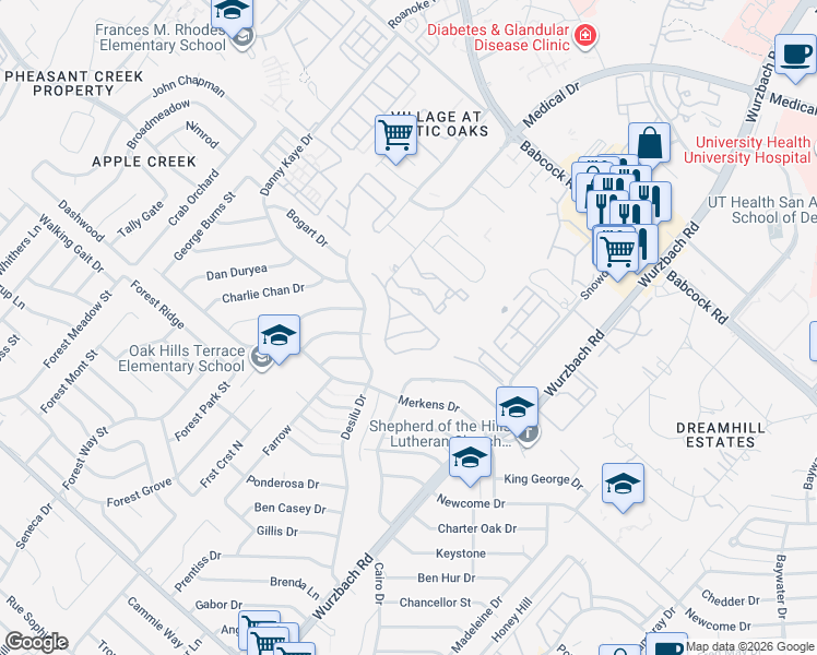 map of restaurants, bars, coffee shops, grocery stores, and more near 5414 Bright Run in San Antonio