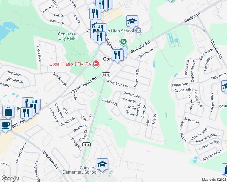 map of restaurants, bars, coffee shops, grocery stores, and more near 313 Vivian Drive in Converse