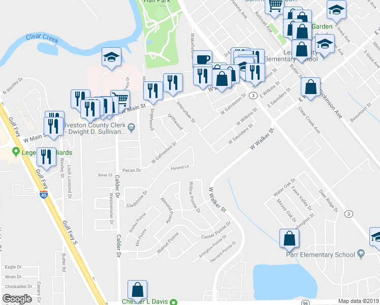 map of restaurants, bars, coffee shops, grocery stores, and more near 383 Hyland Lane in League City