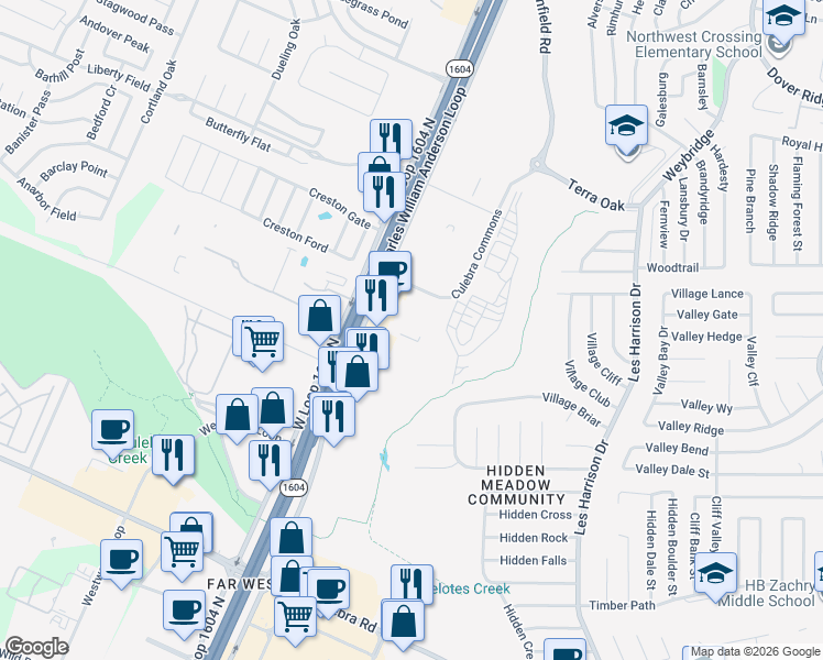 map of restaurants, bars, coffee shops, grocery stores, and more near 7106 Culebra Commons in San Antonio