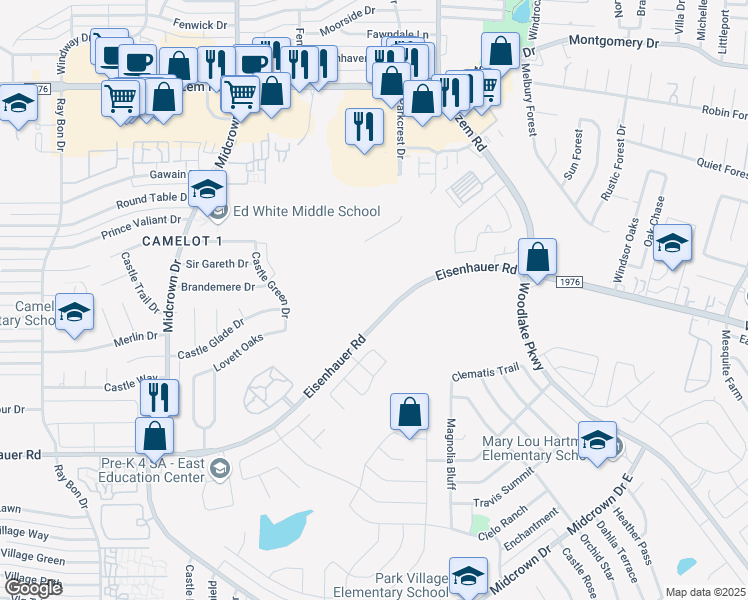 map of restaurants, bars, coffee shops, grocery stores, and more near 5437 Eisenhauer Road in San Antonio