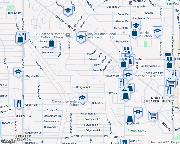 map of restaurants, bars, coffee shops, grocery stores, and more near 1307 Arroya Vista Drive in San Antonio