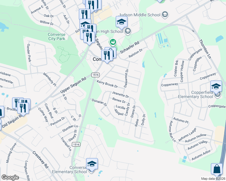 map of restaurants, bars, coffee shops, grocery stores, and more near 306 Jeanette Drive in Converse