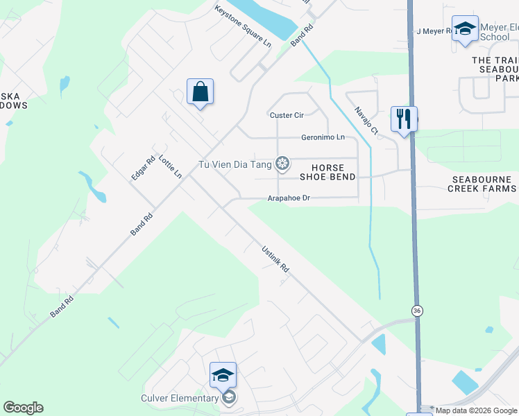 map of restaurants, bars, coffee shops, grocery stores, and more near 5910 Highway 36 North in Rosenberg