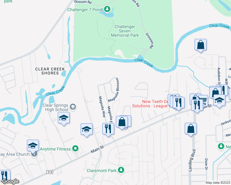 map of restaurants, bars, coffee shops, grocery stores, and more near 419 Magnolia Blossom in League City