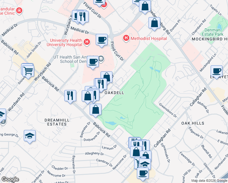 map of restaurants, bars, coffee shops, grocery stores, and more near 7314 Oak Manor Drive in San Antonio