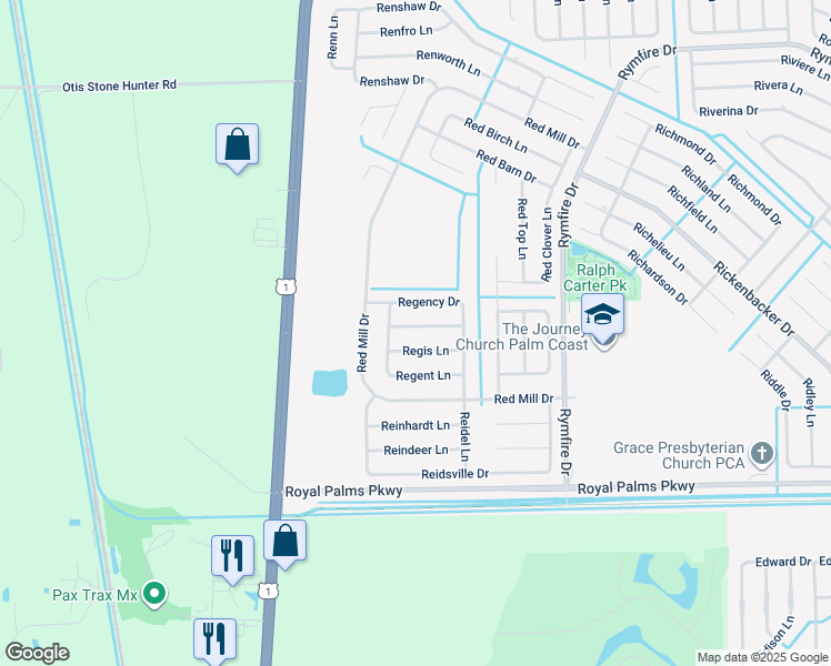 map of restaurants, bars, coffee shops, grocery stores, and more near 14 Regis Lane in Palm Coast