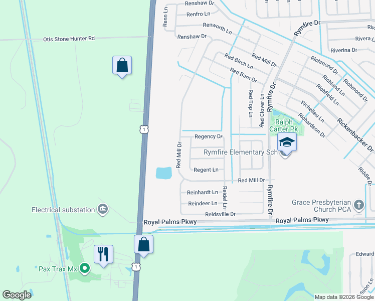 map of restaurants, bars, coffee shops, grocery stores, and more near 33 Regent Lane in Palm Coast