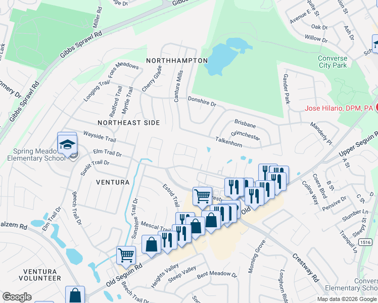 map of restaurants, bars, coffee shops, grocery stores, and more near 8365 Brucks Drive in Converse