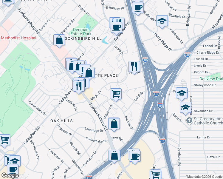 map of restaurants, bars, coffee shops, grocery stores, and more near 7626 Callaghan Road in San Antonio