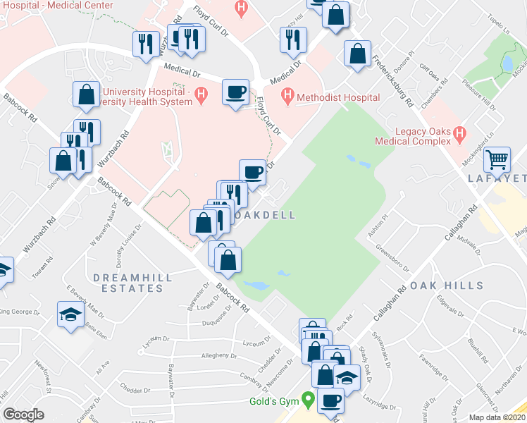 map of restaurants, bars, coffee shops, grocery stores, and more near 7314 Oak Manor Drive in San Antonio