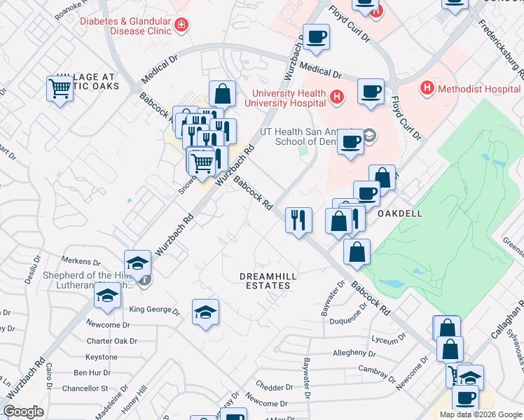 map of restaurants, bars, coffee shops, grocery stores, and more near 2116 Babcock Road in San Antonio