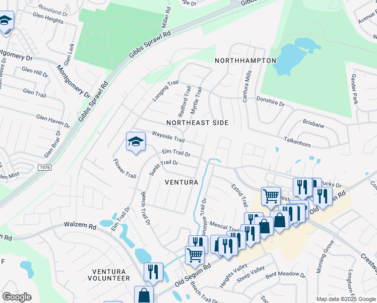 map of restaurants, bars, coffee shops, grocery stores, and more near 7266 Elm Trail Drive in San Antonio