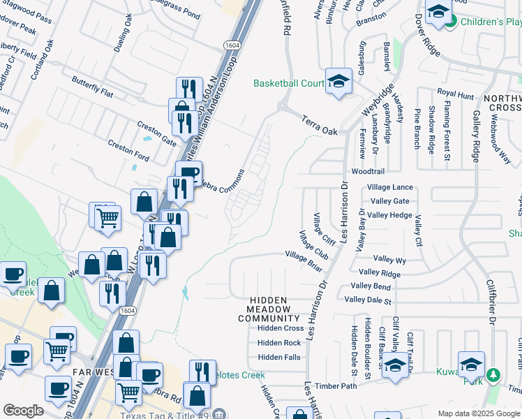 map of restaurants, bars, coffee shops, grocery stores, and more near 6367 Village Club in San Antonio