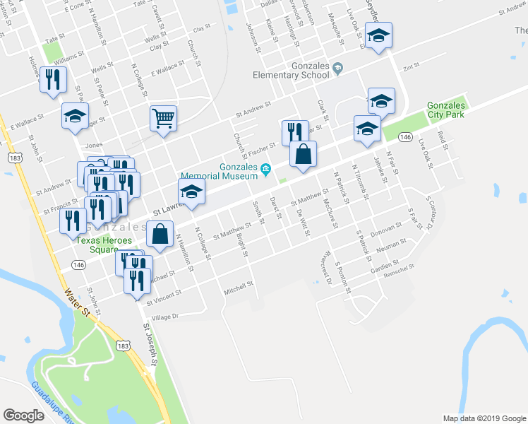 map of restaurants, bars, coffee shops, grocery stores, and more near 302 Smith Street in Gonzales