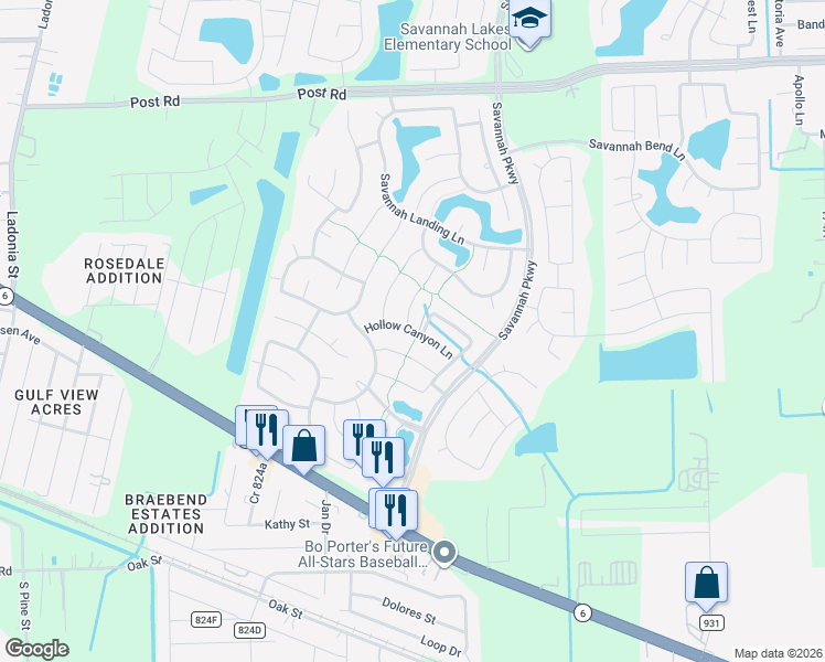 map of restaurants, bars, coffee shops, grocery stores, and more near Hollow Canyon Lane in Brazoria County
