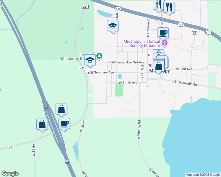 map of restaurants, bars, coffee shops, grocery stores, and more near 110 Southwest 6th Street in Micanopy