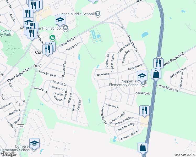 map of restaurants, bars, coffee shops, grocery stores, and more near 9422 Copper Mist in Converse
