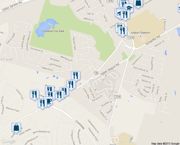 map of restaurants, bars, coffee shops, grocery stores, and more near 7314 Wine Garden in Converse