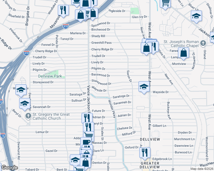 map of restaurants, bars, coffee shops, grocery stores, and more near 271 Wayside Drive in San Antonio