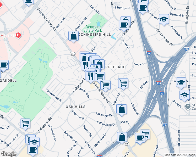 map of restaurants, bars, coffee shops, grocery stores, and more near 5126 Fredericksburg Road in San Antonio