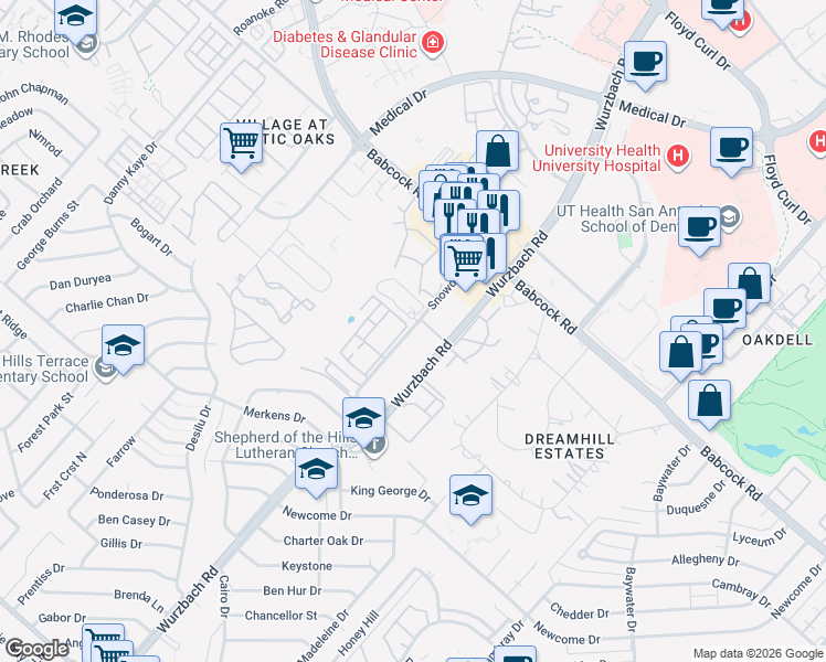 map of restaurants, bars, coffee shops, grocery stores, and more near 7133 Wurzbach Road in San Antonio