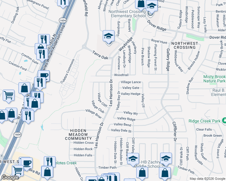 map of restaurants, bars, coffee shops, grocery stores, and more near 6308 Les Harrison Drive in San Antonio