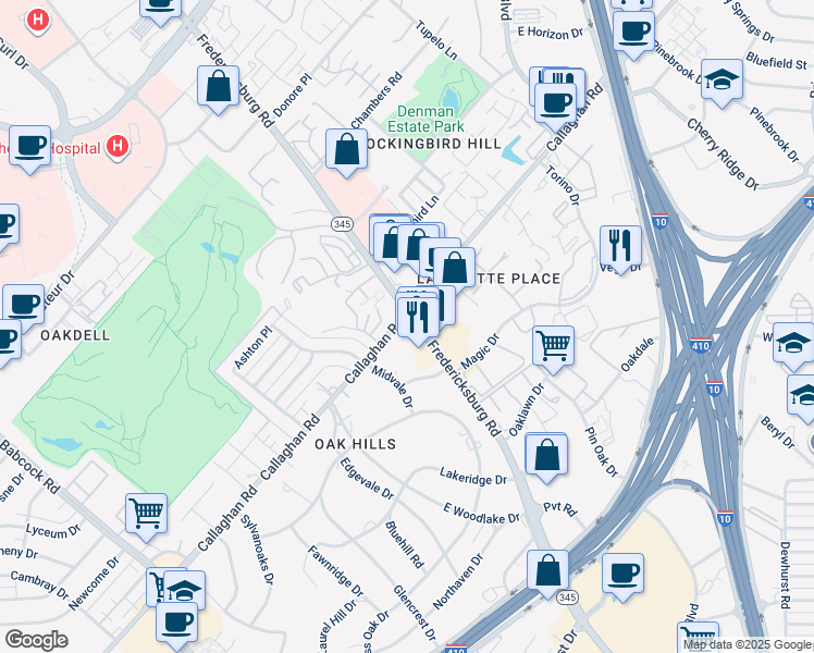 map of restaurants, bars, coffee shops, grocery stores, and more near 5145 Fredericksburg Road in San Antonio