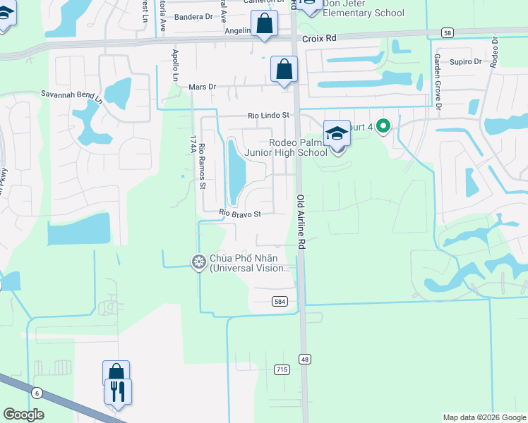 map of restaurants, bars, coffee shops, grocery stores, and more near 12614 Rio Bravo Street in Rosharon