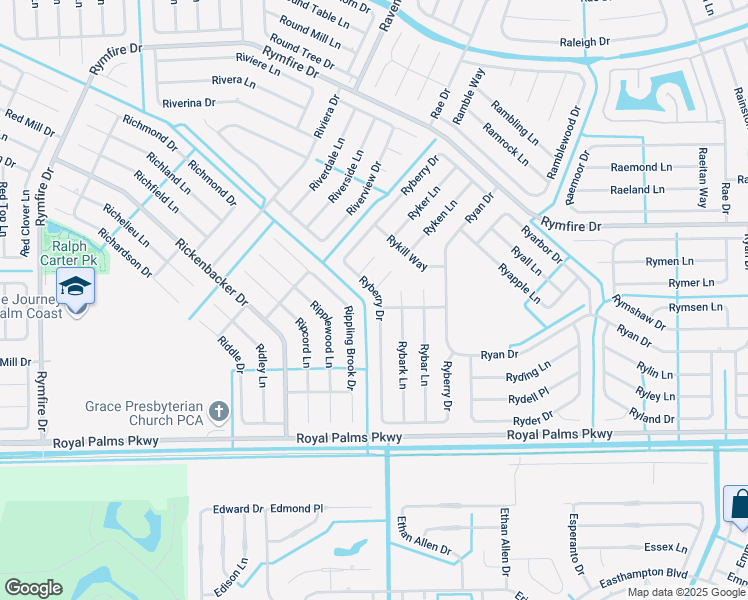 map of restaurants, bars, coffee shops, grocery stores, and more near 89 Ryberry Drive in Palm Coast