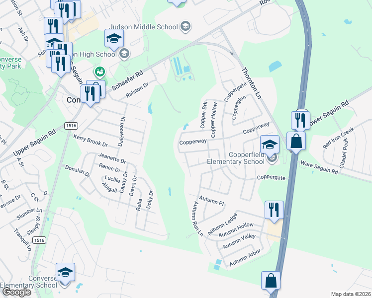 map of restaurants, bars, coffee shops, grocery stores, and more near 9422 Copper Mist in Converse