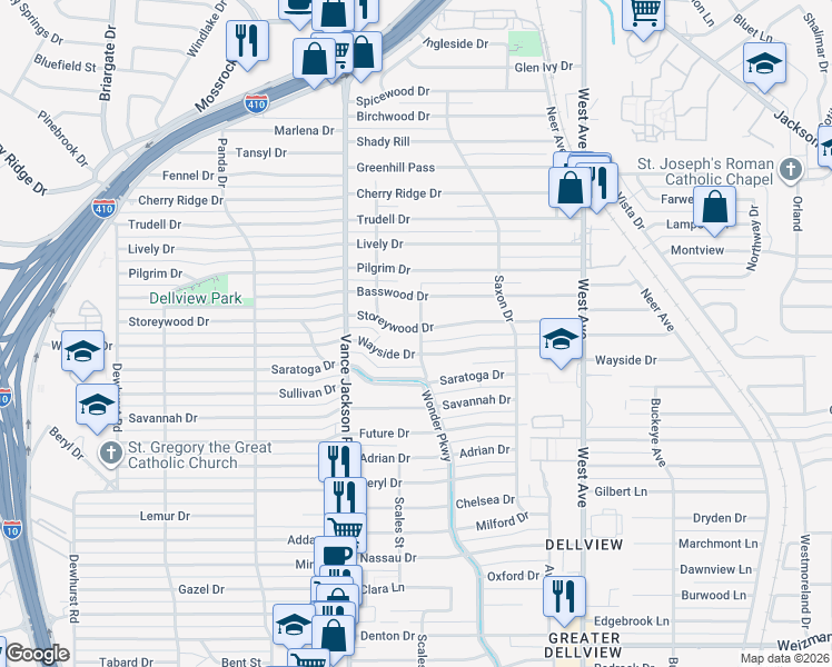 map of restaurants, bars, coffee shops, grocery stores, and more near 271 Wayside Drive in San Antonio