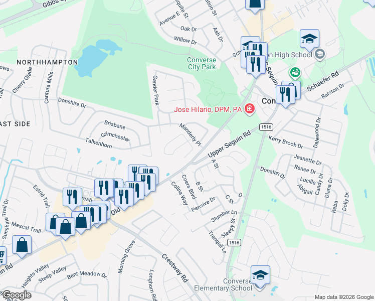 map of restaurants, bars, coffee shops, grocery stores, and more near 7314 Wine Garden in Converse