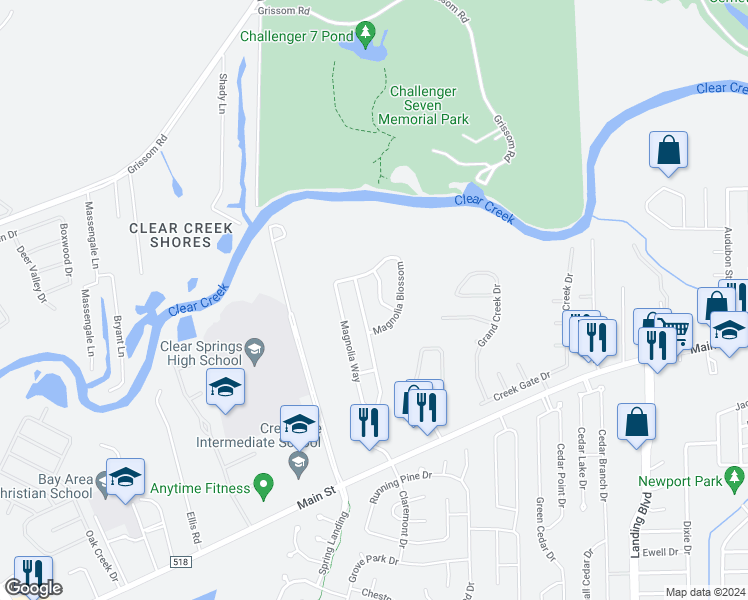 map of restaurants, bars, coffee shops, grocery stores, and more near 467 Magnolia Crossing in League City