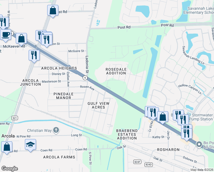 map of restaurants, bars, coffee shops, grocery stores, and more near 14307 Linda Drive in Rosharon
