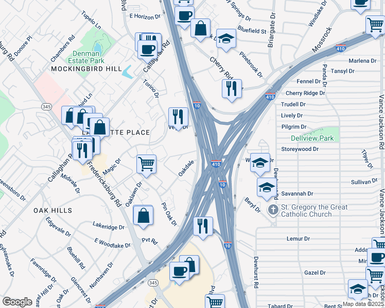 map of restaurants, bars, coffee shops, grocery stores, and more near 3431 Oakdale in San Antonio