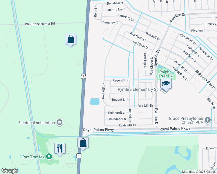 map of restaurants, bars, coffee shops, grocery stores, and more near 33 Regent Lane in Palm Coast