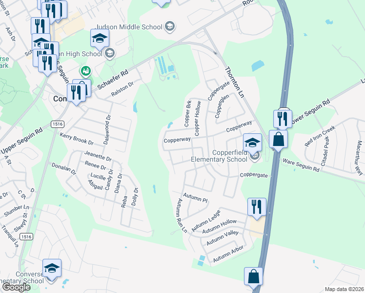 map of restaurants, bars, coffee shops, grocery stores, and more near 7514 Copper Nest in Converse