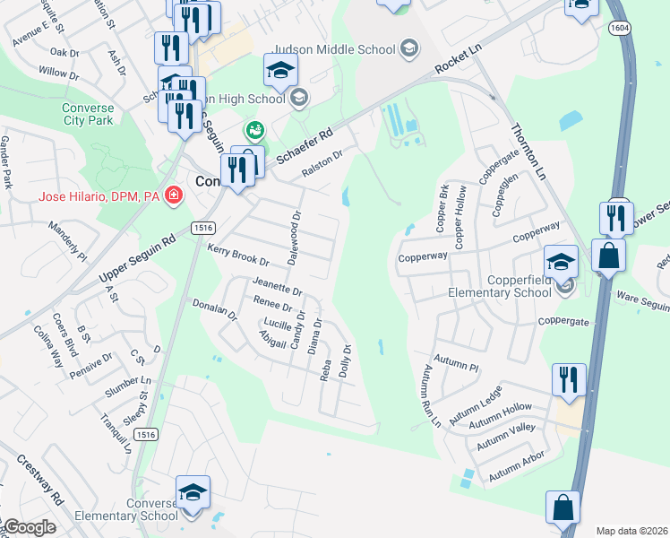 map of restaurants, bars, coffee shops, grocery stores, and more near 308 Gateway Street in Converse